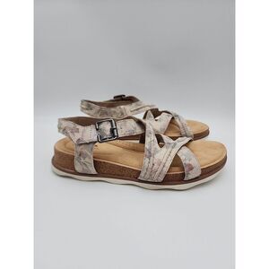 Clarks‎ Sandals Womens 9.5 Brynn Step Tan Floral Leather Strappy Wedge Slingback